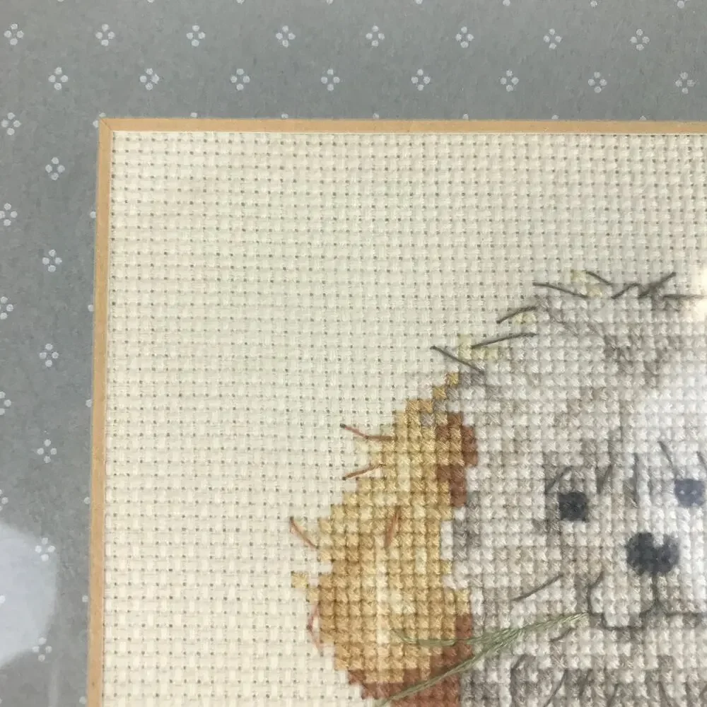 Vintage Shaggy Puppy Dog Flowers Framed Cross Stitch Embroidered Folksy Wall Art